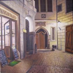 Cafe in the night street, Prague - oil painting