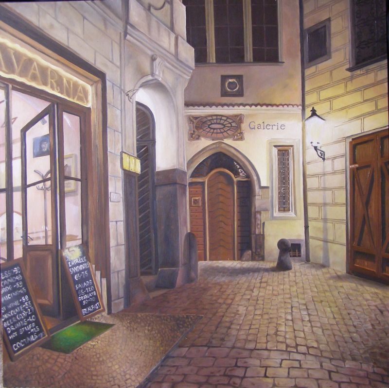 Oil painting - Cafe in the night street, Prague