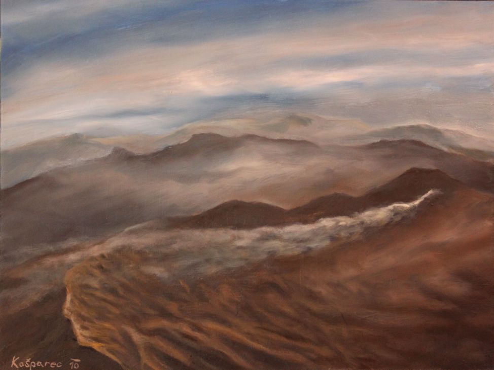 Oil painting - Dawn is creeping in the crater of a smoking volcano, Java, airplane view