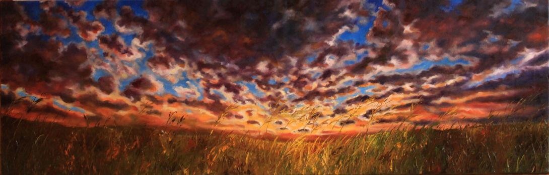 Oil painting - Sunset over a meadow