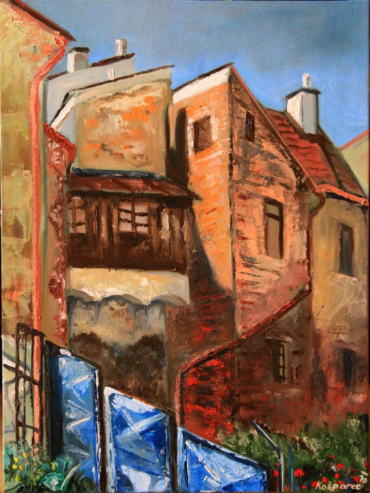 Oil painting - Courtyard with red poppies at Klamovka