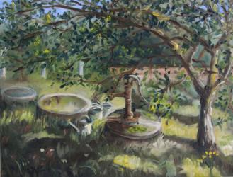 Water well at the garden of my mother - oil painting