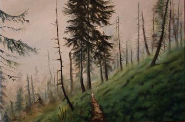 Misty path in Krkonose - oil painting