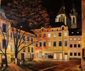 Night square in Prague - oil painting