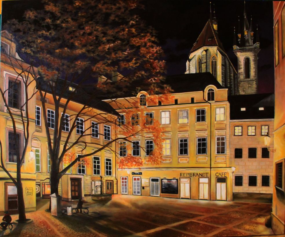 Oil painting - Night square in Prague
