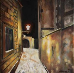 Snow-covered street under street lamp - oil painting