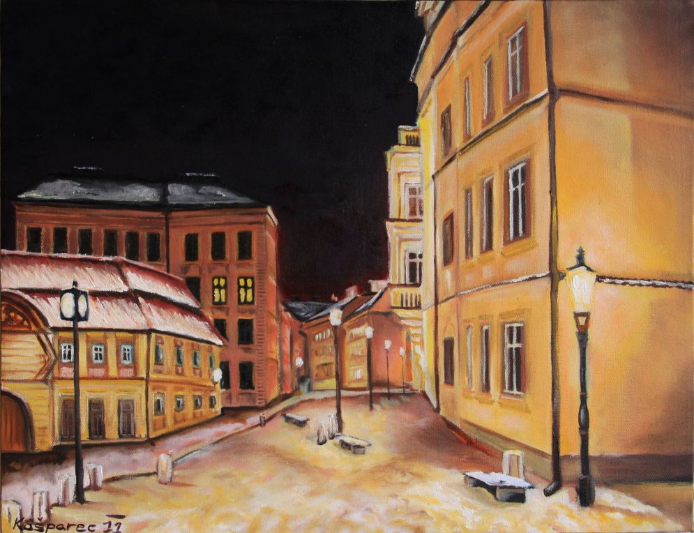 Oil painting - Betlémské square at February freezing night