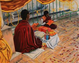 Mnichové z Bodhgaya - olejomalba, obraz