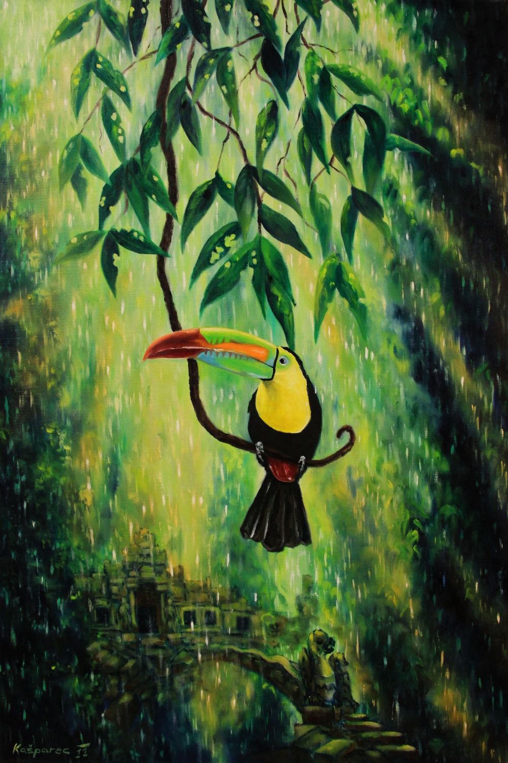 Oil painting - Toucan and secret Jungle temple