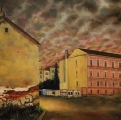 Old house with grafitti - oil painting