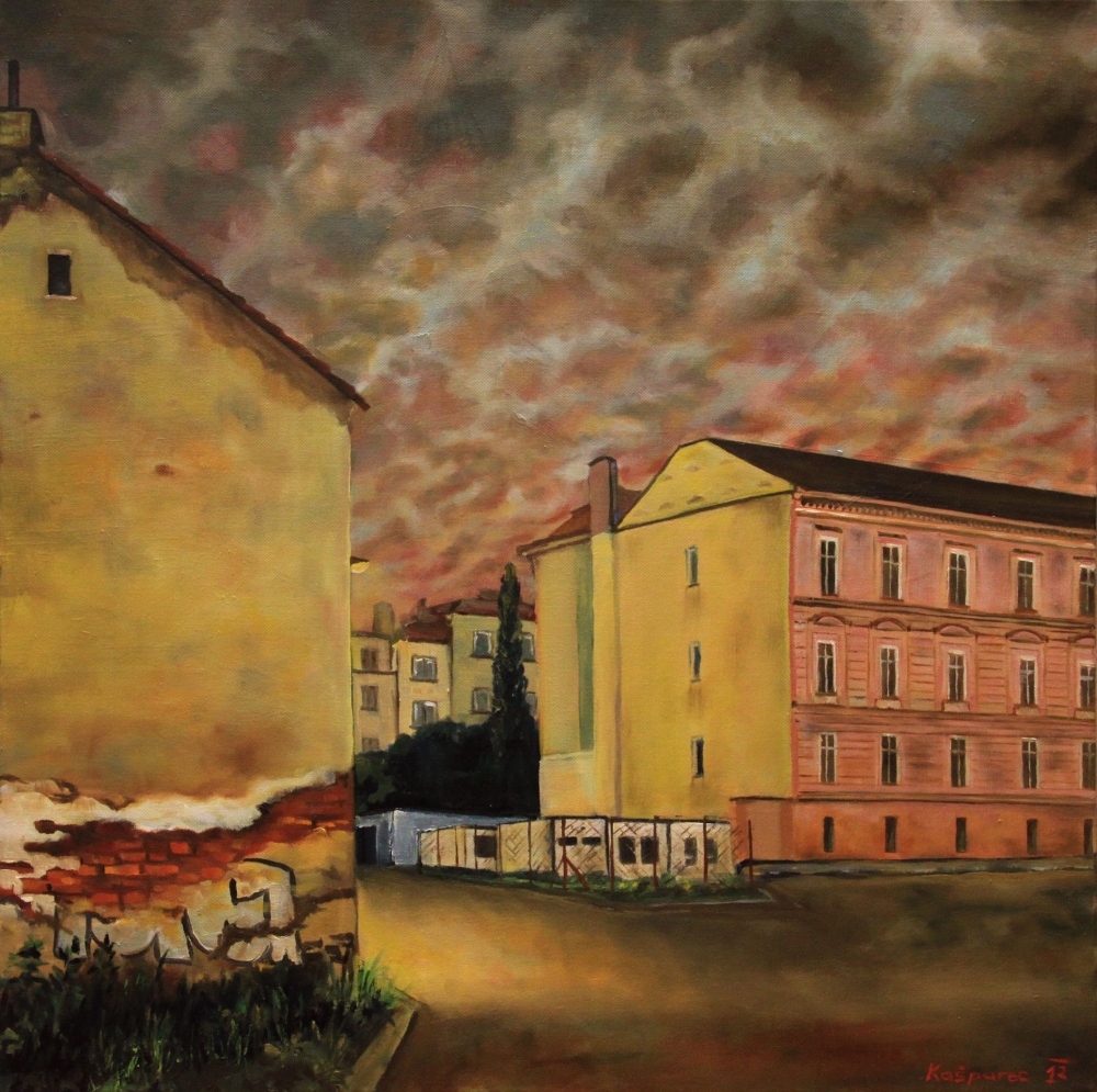 Oil painting - Old house with grafitti