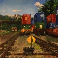 Cargo vagons under 1st Avenue and Terminal, Vancouver BC - oil painting