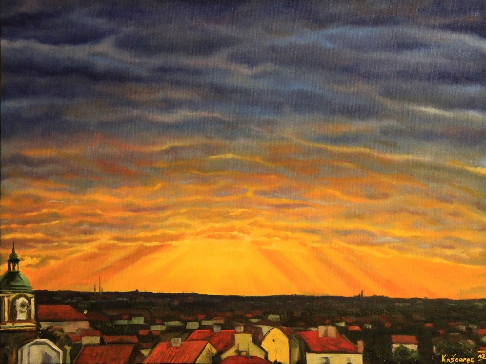 Oil painting - Sunrays over Prague, seen from Parukarka