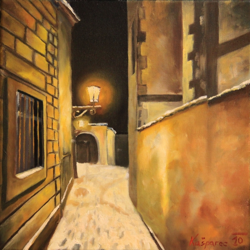 Oil painting - Snowy street under a lamp