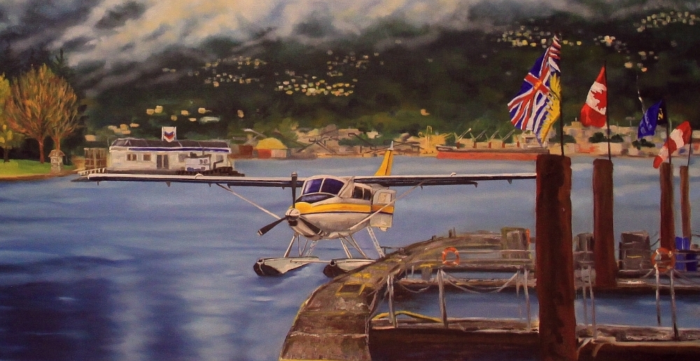 Oil painting - Coal Harbour II, detail of the airplane