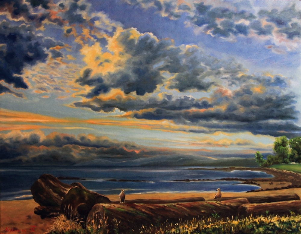 Oil painting - English bay with seagulls II