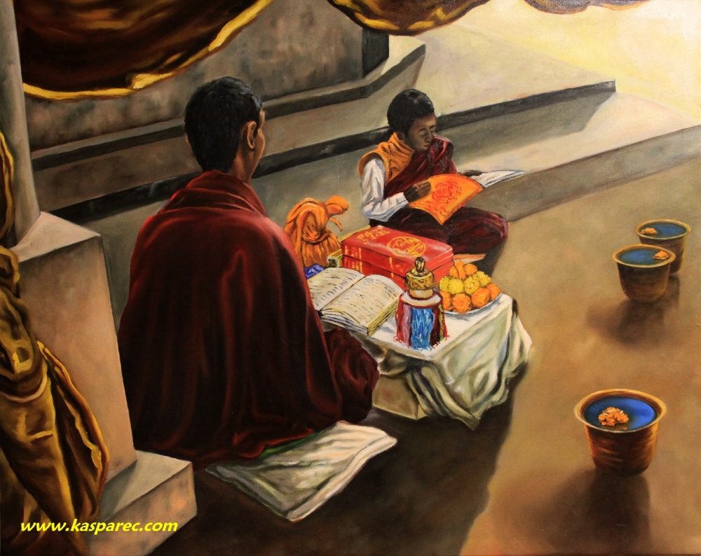 Oil painting - Monks from Bodhgaya