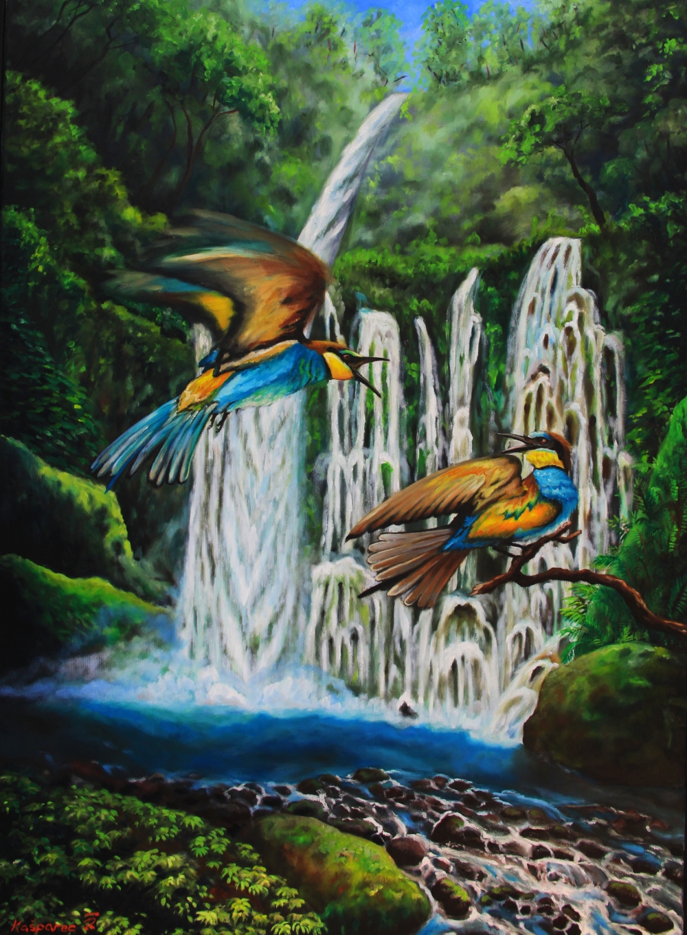 Oil painting - Birds at the waterfall