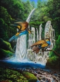Birds at the waterfall - oil painting