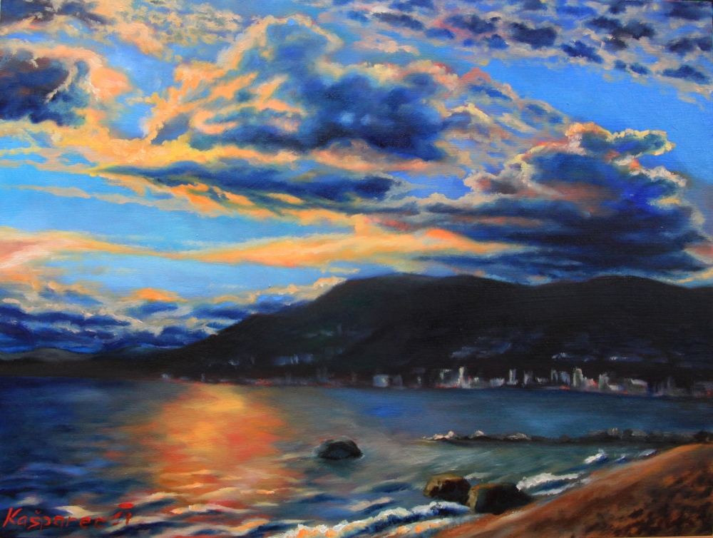 Oil painting - Third beach sunset with West Vancouver view