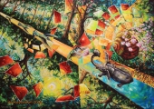 Slon, kolibříci a květy Magnolií - olejomalba, obraz