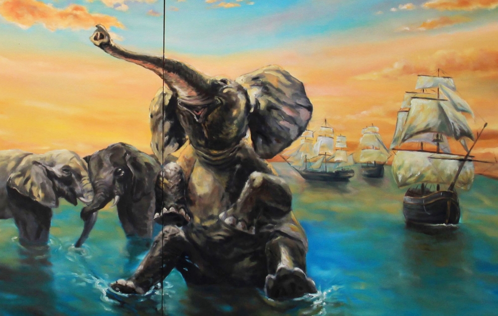 Oil painting - Elephants were playing, Buddha was meditating and then the ship arrived