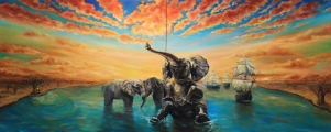 Elephants were playing, Buddha was meditating and then the ship arrived - oil painting