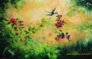 Rose bush humming birds - oil painting