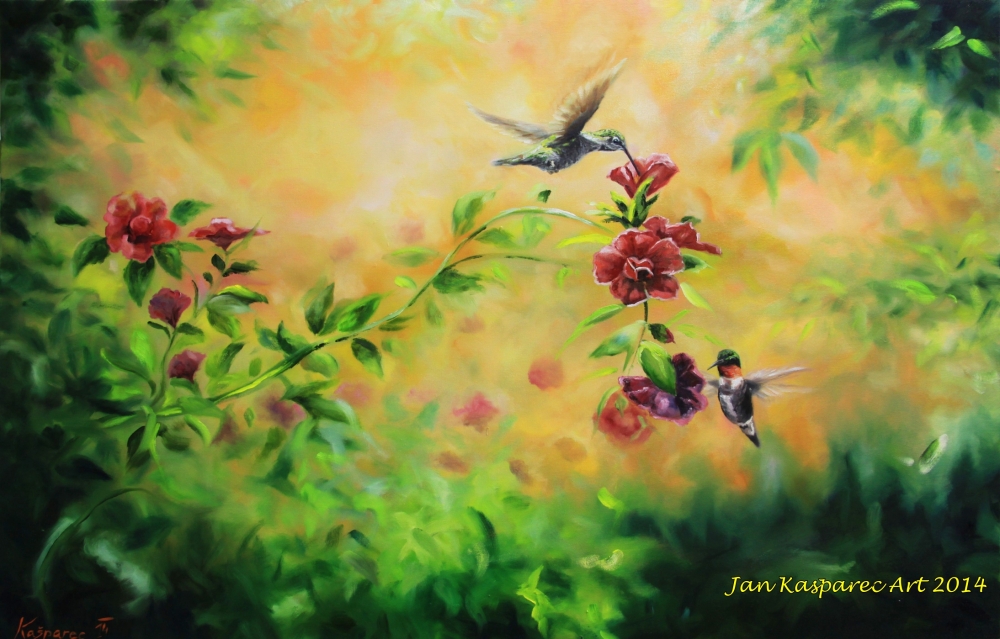 Oil painting - Rose bush humming birds