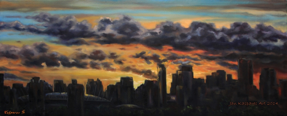 Oil painting - Vancouver city sunset skyline