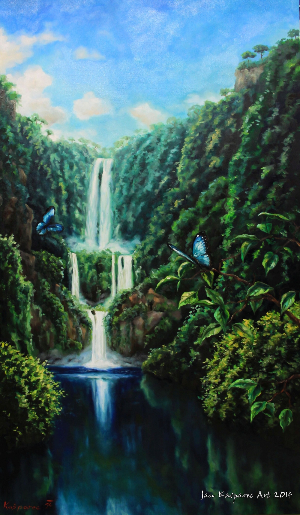 Oil painting - Butterflies at the waterfalls
