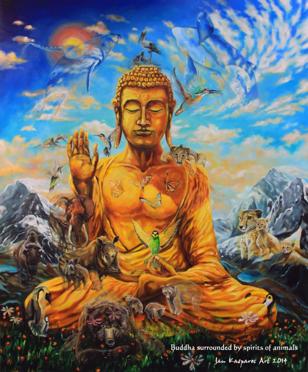 Oil painting - Buddha surrounded by spirits of animals