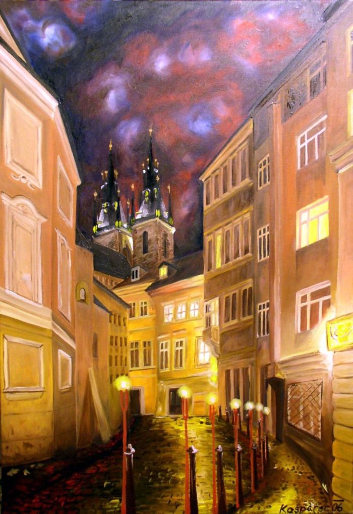 Oil painting - Street with torches, Prague