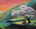 Buddha under Sakura - oil painting