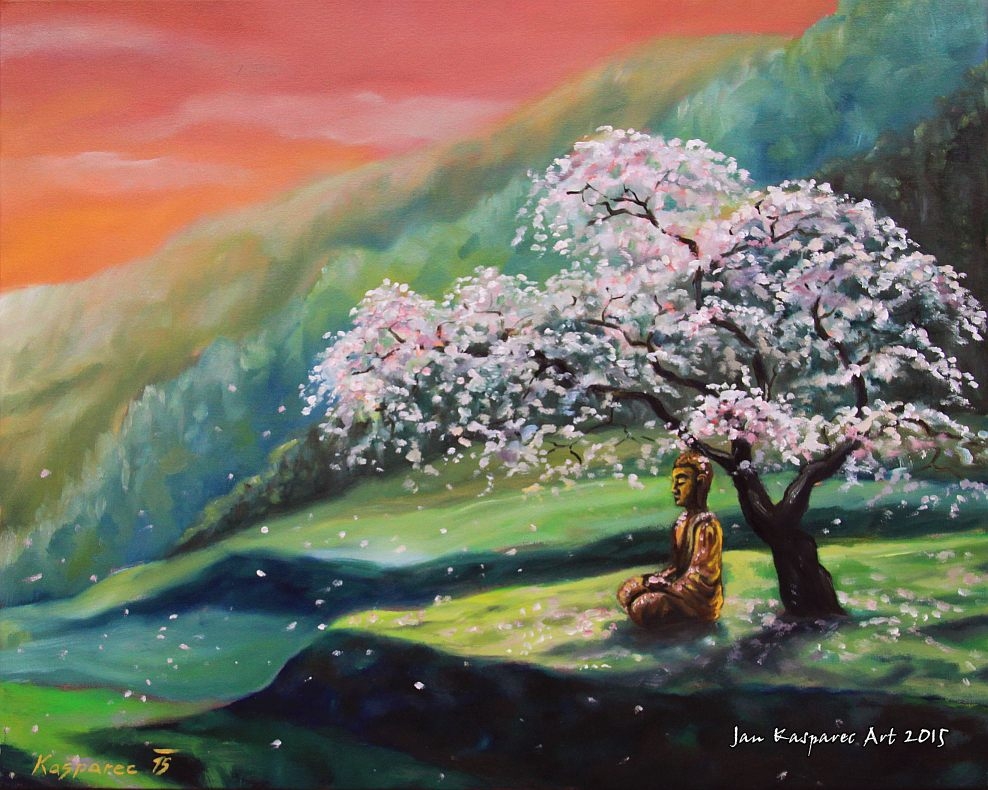 Oil painting - Buddha under Sakura