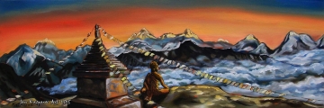 Buddha sitting at the roof of the world - oil painting