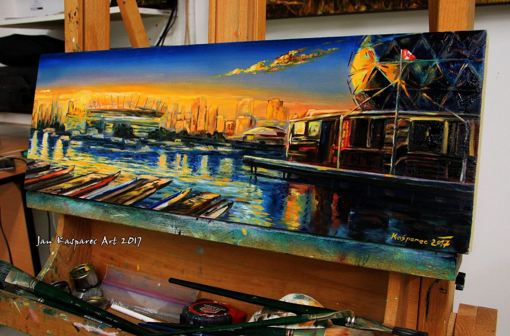 Oil painting - Science World sunset (Vancouver)