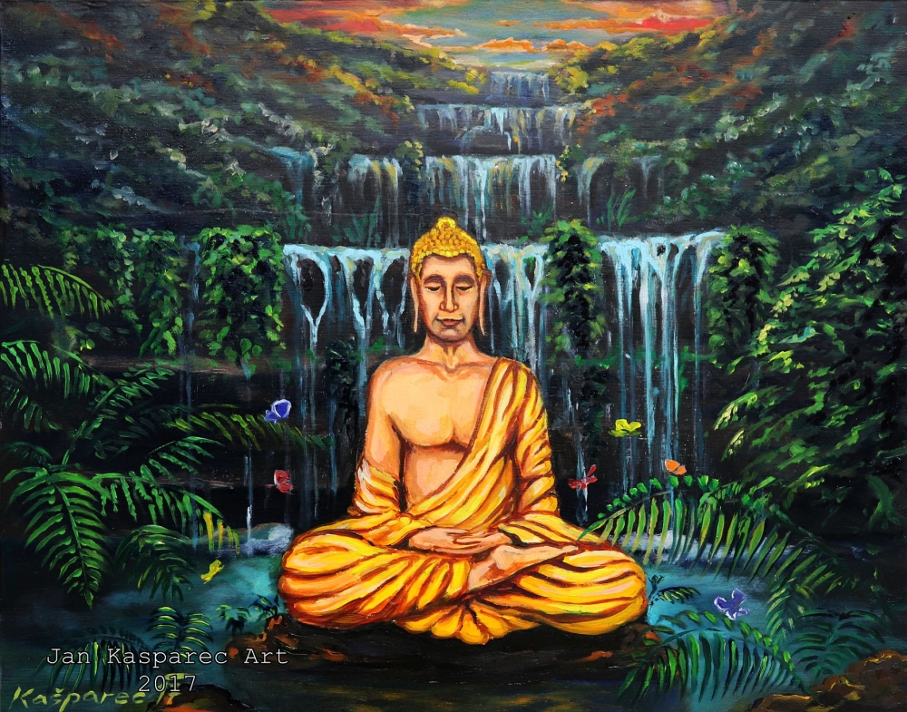 Oil painting - Buddha at the Waterfall Study on wood