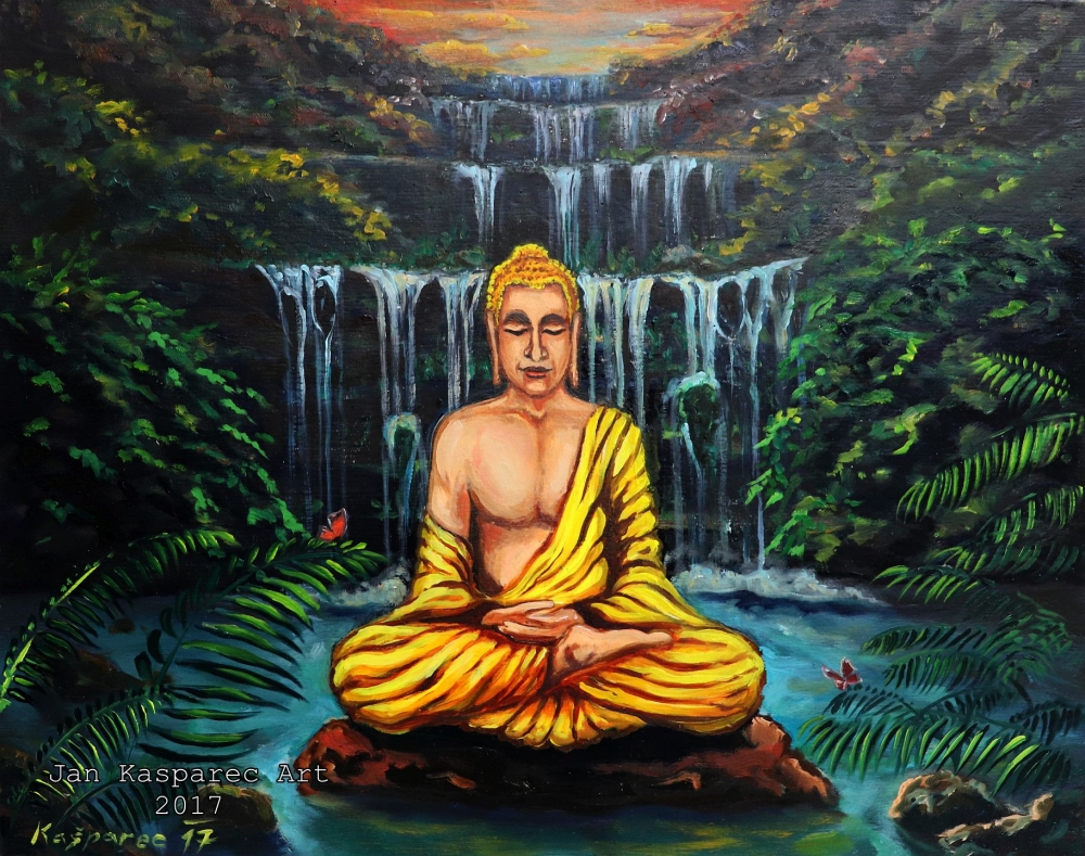 Oil painting - Buddha at the Waterfall II Study on wood