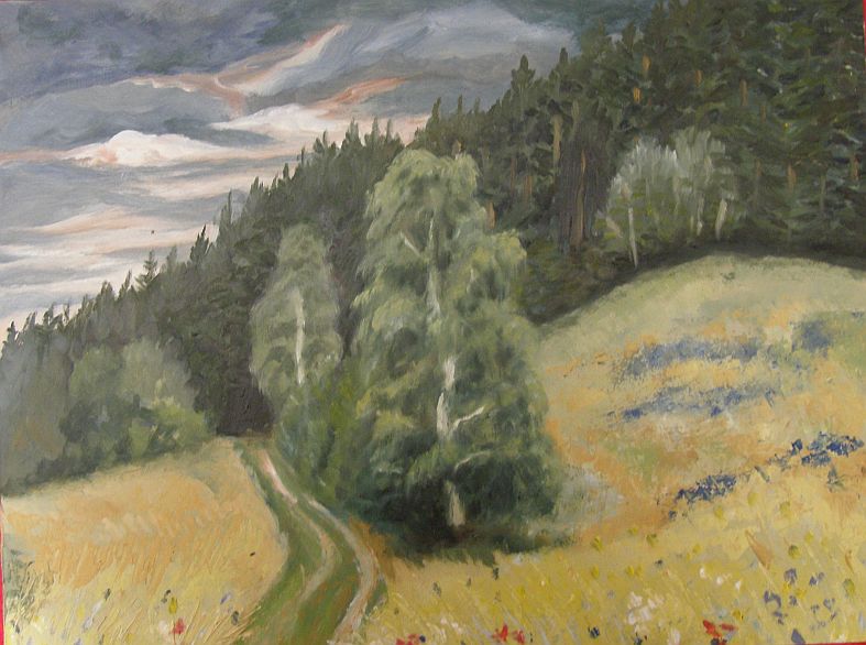 Oil painting - Twilight at Bukovice, Jeseniky mountains
