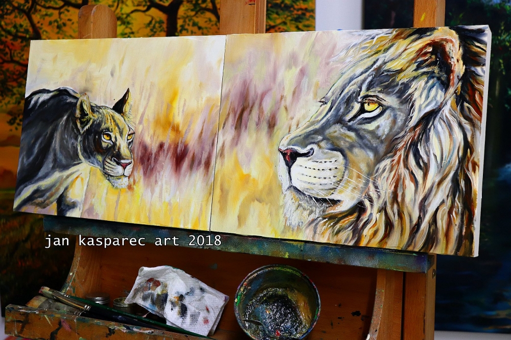 Oil painting - Fierce Lioness & Majestic Lion