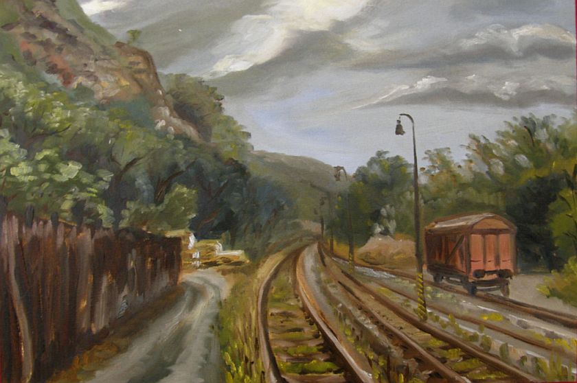 Oil painting - Modrany railway station