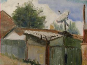 Shack with satelite - oil painting