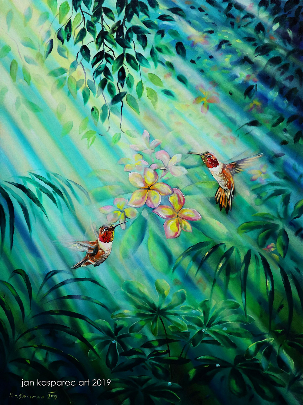 Oil painting - Plumeria Hummingbirds