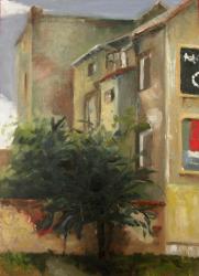 House with bilboards, Prosecká street - oil painting