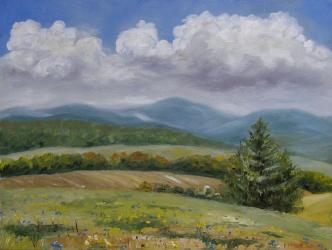 Meadow with green finches - oil painting