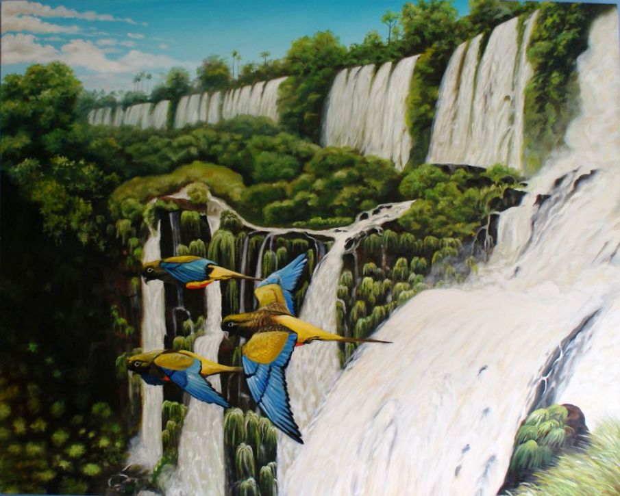 Oil painting - Parrots at Iguazu falls