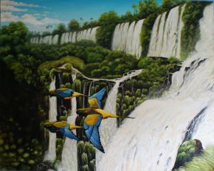 Parrots at Iguazu falls - oil painting